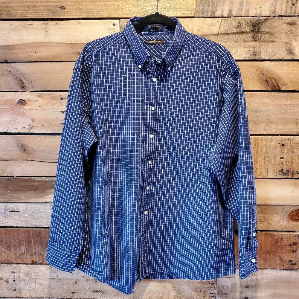 Men's Tommy Hilfiger navy windowpane check button down shirt neck Size 16-1/2